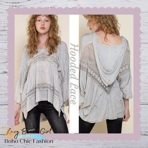 POL Gray Hooded Lace Blouse